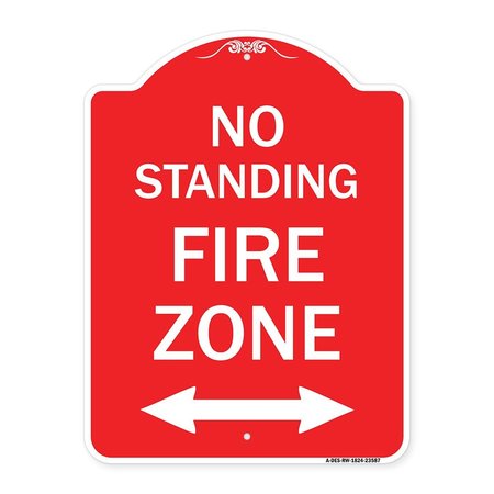SIGNMISSION No Standing Fire Zone W/ Bidirectional Arrow, Red & White Aluminum Sign, 18" x 24", RW-1824-23587 A-DES-RW-1824-23587